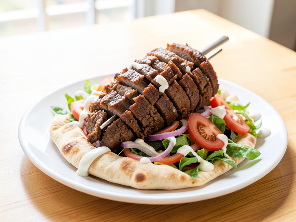 Piatto kebab con insalata fresca, pomodori, cipolla e salsa allo yogurt