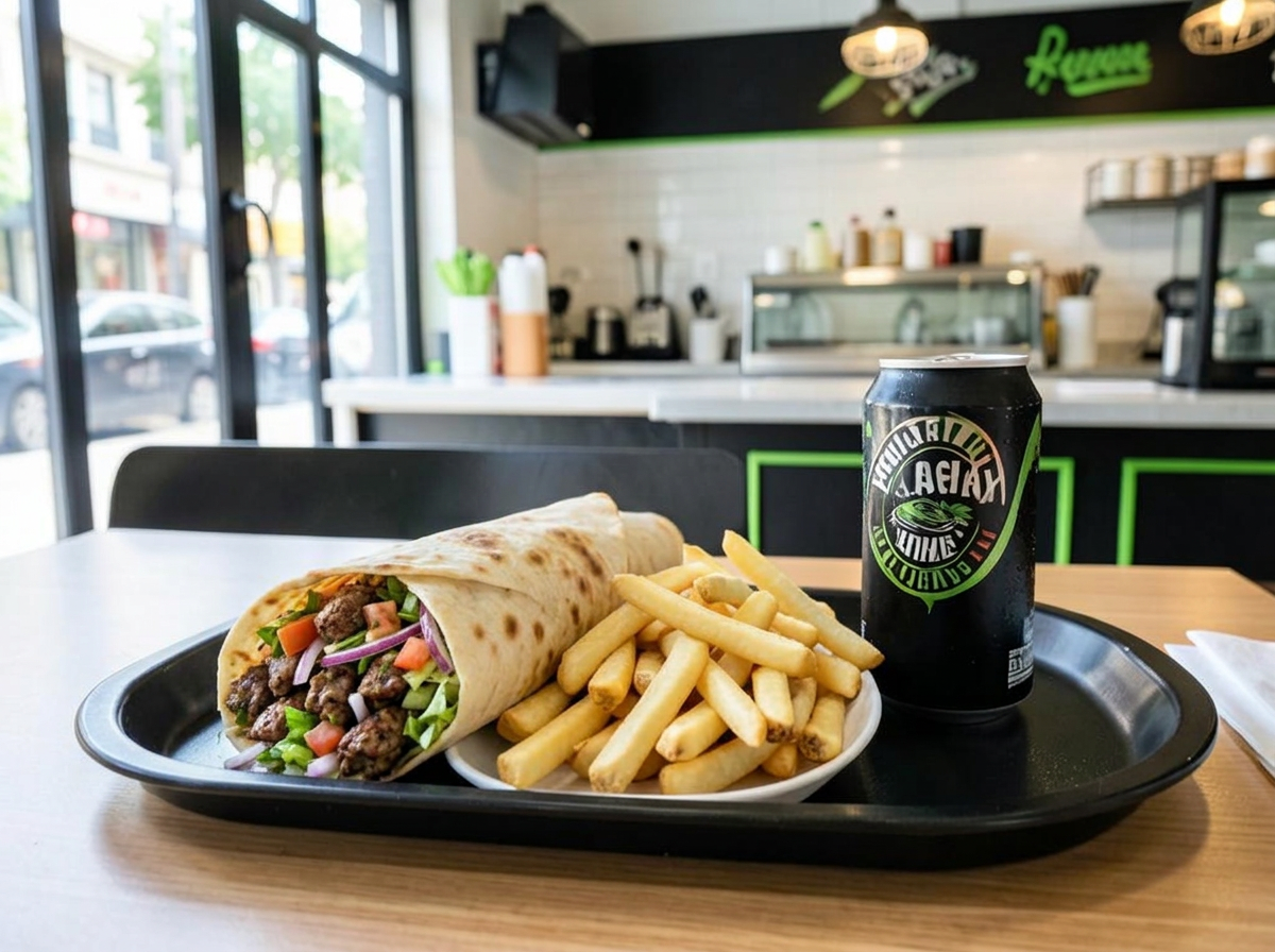Menu combo con piadina kebab, patatine e bibita